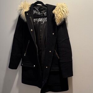 J. Crew Black Stadium Wool Coat with Faux Fur Trim Removable Hood